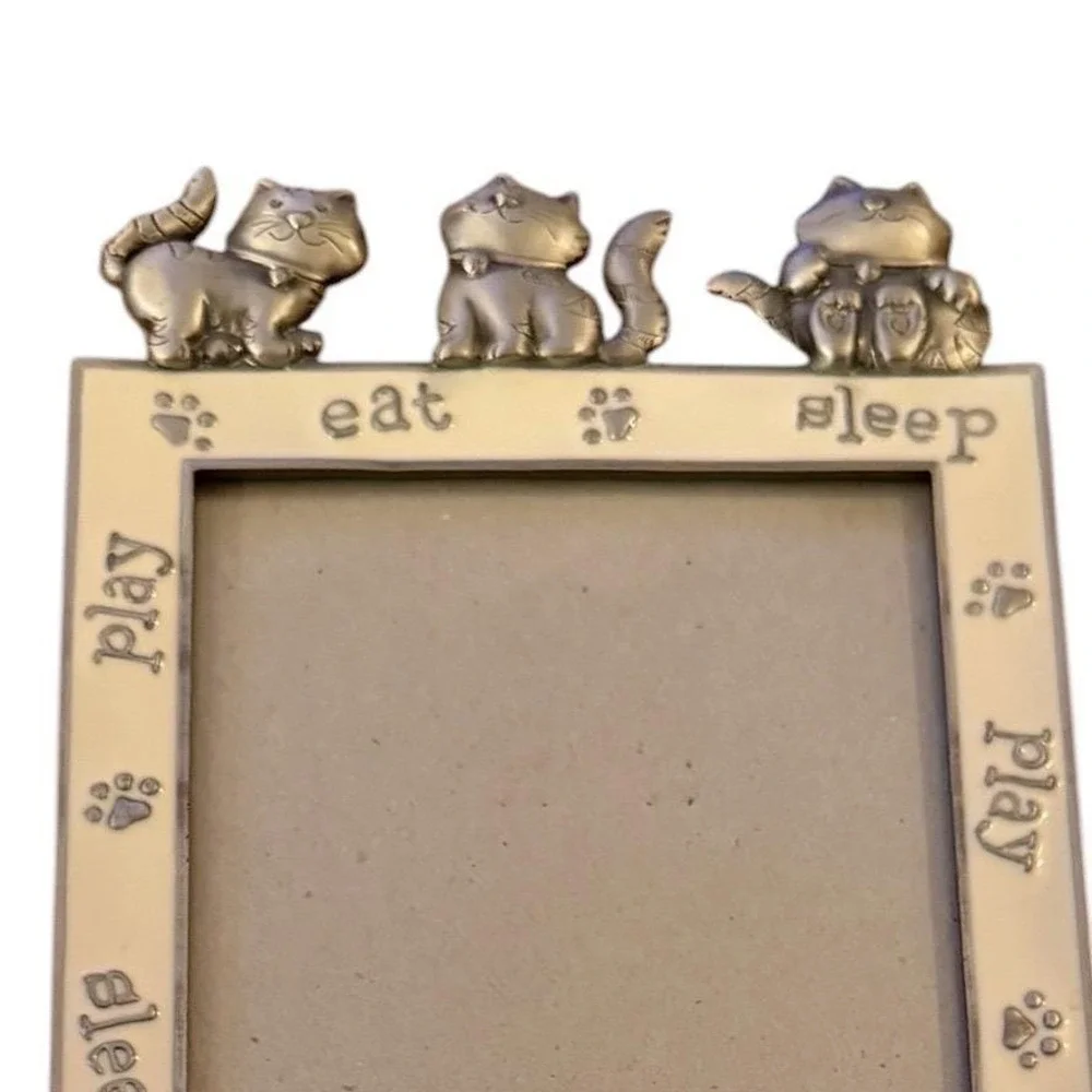 Vtg Pewter Style Cat Picture Frame‎ Eat Play Sleep Paw Prints Silver Cream 5x7